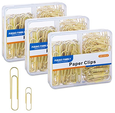 Paper Clips Assorted Sizes, Large PaperClips, Small PaperClips, Paper Clip, 300 Gold Paper Clips, (3 Boxes of 100 Each)