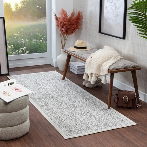 Livabliss Palermo Vintage Rug - Hallway Runner Rugs Living Room 80x150 cm - Scandi Neutral Rug, Traditional Patterned Boho Style, Natural Easy Care Pile - Hallway Runners, Ivory and Grey