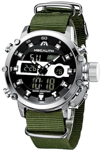 MEGALITH Herrenuhr Militär Digitaluhr Sportlich - Armbanduhr Herren Groß Wasserdicht LED Uhren fur Männer Grünes Nylon Stoppuhr Wecker Kalender, Geschenke für Männer