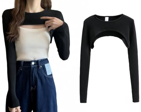 SamHeng Women Crop Top Long Sleeve Round Neck Half Shirt Cover Up Shirt Top Slim Fit Mesh Top for Swim Beach Party Clubwear Rave Outfits, Black