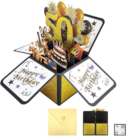 PAITOK Tarjeta de cumpleaños 3D, tarjetas de cumpleaños emergentes, regalos de cumpleaños, tarjetas de felicitación de feliz cumpleaños con sobre para niños, niñas, hombres y mujeres (negro y dorado,