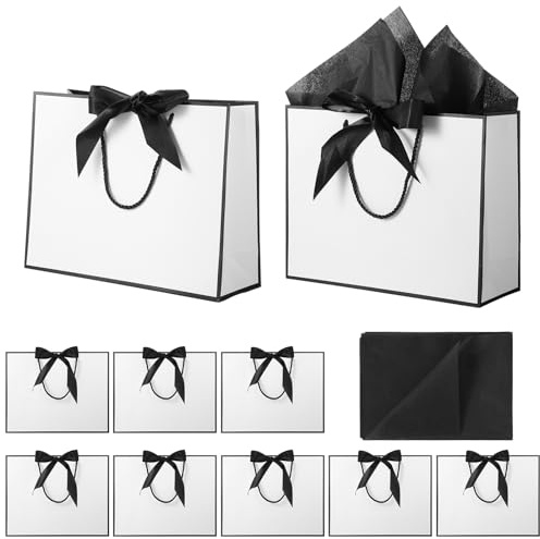 10 Pcs Gift Bags Large with 10 Tissue Paper Handles Bow Ribbon Multipack Presents Paper Gift bags for Graduation Wedding Baby Shower Bridesmaid Party