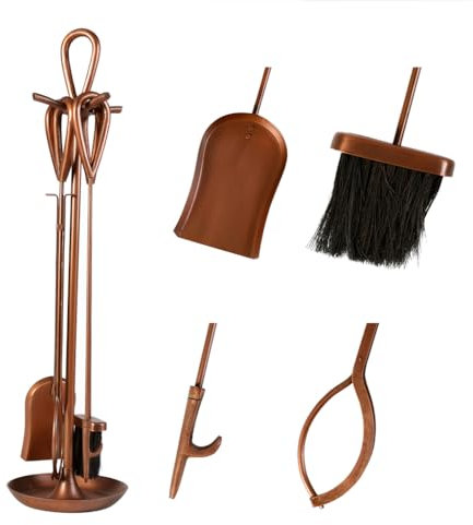 Companion Set Contemporary Style 4pc Fireplace Tool Set Fire Poker Brush Tongs Scoop Shovel Copper Finish Fireside Tools Fireplace Wood Burner Coal Stove Accessories (Large)
