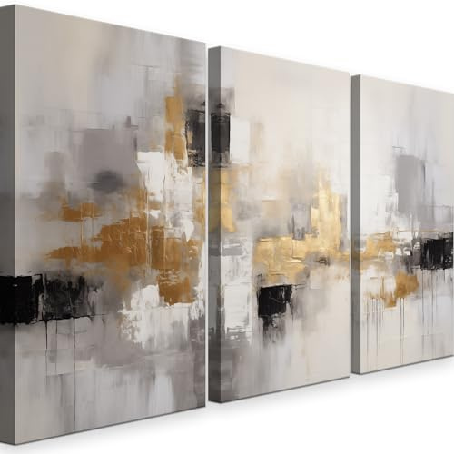 INTELIENZOS Tres cuadros modernos para decoracion de salon 120x61cm, 3 lienzos de Oro, estilo abstracto, Abs 1