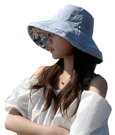 HEVIBK Primavera Estate Stampa Reversibile Sun Beach Hat Cappello da Sole da Spiaggia Estivo da Donna Cappello a Secchiello Estivo da Spiaggia Grande (IT, Testo, Taglia Unica, Blu)