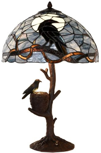 Bieye L50968 Raven Sitting on Bare Tree Branch in Full Moon Night Tiffany Style Stained Glass Table Lamp for Home Decor (Dark Blue, 16Wx24H Nest)
