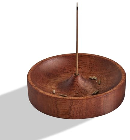 Belsea rökelsehållare i trä, rund, 10 cm diameter, kopparbrännare för pinne och konrökelse (benholtsträ)