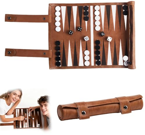 SGZIOO Travel Backgammon Set, Roll Up Board Game Travel set, Portable Board Game Sets Leather with Traditional Tan Design, Tactical Board Game for Adults Family Party
