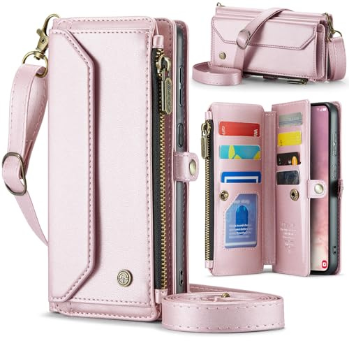 FONREST Läderväska väska fodral för Samsung-Galaxy-S25-FE, magnetisk flipklaff plånboksfodral med ställ 10 RFID-blockerande korthållare kontantplats dragkedja ficka crossbody snodd handledsrem (rosa)