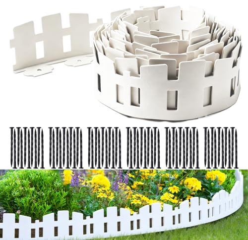 Garden Edging 33FT LOLEDE, 4.6IN Tall White Landscape Edging Border with 60 Stakes, Flexible Plastic Lawn Edging for Yard, Flower Beds,Tree Rings, Walkways & Garden Borders（Square-White）