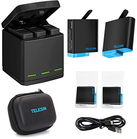TELESIN Triple Batterieladegerät Set Ladebox + 2 Akkus mit Aufbewahrungskoffern, 6 in 1 Zubehörset für GoPro Hero 8 Hero 7 Hero 6 Hero 5 Black (6 in 1 Charger Battery Kit)