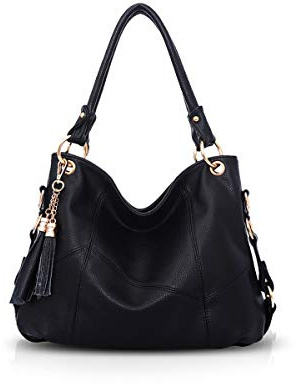 NICOLE & DORIS Damen Handtasche Groß Designer Umhängetasche Leder Tote Bag Shopper Handtasche Elegant Tasche mit Quaste Schwarz