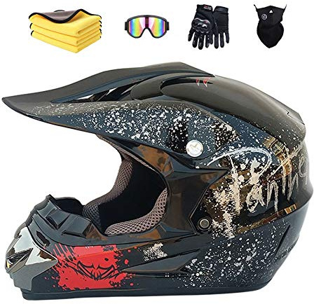 MXYMC Motorradhelm,Motocross Helm,Helm Kinder,Helmets Kinder-Cross-Helm, Road Helm mit Handschuhe Maske Brille, ATV Helm,MTB Bright black,59-60 cm