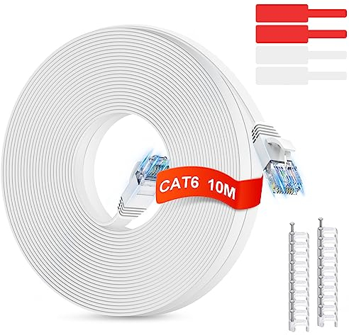 GLCON 10Meter Lan Kabel Cat 6 Flach Netzwerkkabel 1000Mbit/s Geschwindigkeit Gigabit RJ45 Ethernet Kabel, Internet Patchkabel für PS5/PS4 PC Smart TV Xbox Switch Modem Weiß(10M)