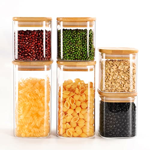 Finew Glass Storage Jars with Bamboo Lid, Set of 6 Airtight Food Glass Jars, Clear Kitchen Storage Containers Canisters for Spice Herbs Pasta Flour Coffee Tea Cookie Snack Seed