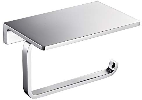 HOYOJU Toilet Roll Paper Holder for Bathroom Solid Brass and Superior Hotel Style Tissue Roll Holder with Cell Phone Storage Polished Chrome Finished