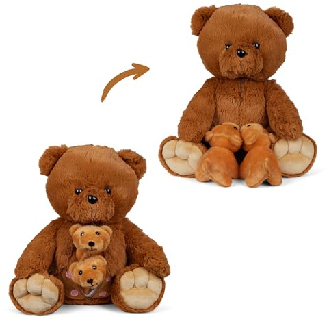 Mamanimals Teddybär Kuscheltier mit 2 Baby Bären, Babys im Bauch mit Reißverschluss verstaubar, magnetische Zitzen zum Säugen, hochwertiges Plüschtier Set für Kinder