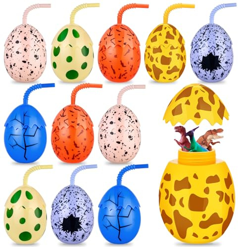Maxcheck 12 Pcs Kids Dinosaur Party Favor Cups with Lids and Straws,10 oz Egg Dinosaur Cups for Birthday Decorations Dino Egg Theme Party Supplies for Boys Girls
