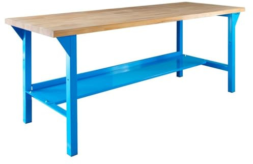 Steinbock Werkbank mit Ablageboden | 500 kg Tragkraft | HxBxT 85 x 200 x 75 cm | Lichtblau | 5 cm Starke geölte Massivholz-Arbeitsplatte | stabiles Stahlgestell | Made in EU | Werktisch