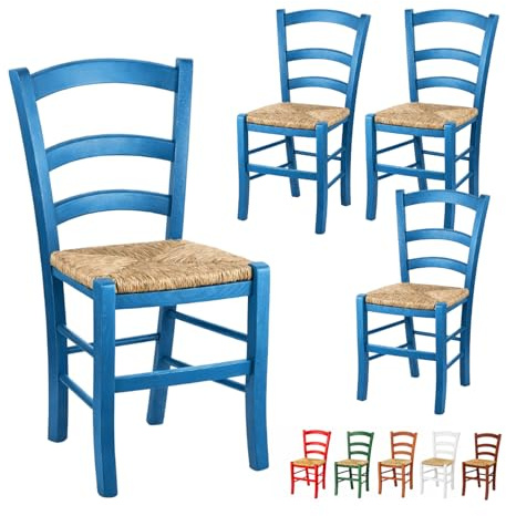 VIRSUS Set 4 Sedie Paesana in Legno con Seduta in Paglia, Misura 43x42x86 cm, Sedia Tradizionale Robusta, per Casa, Cucina, Agriturismo, Ristorante, Made in Italy (Azzurro)