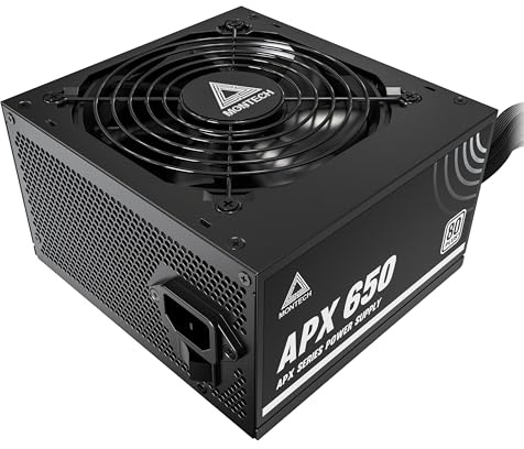 MONTECH APX 650W-Fuente de alimentación no modular, 80 Plus, tecnología de convertidor Intel ATX12V-CC a CC, diseño de cable plano para mejorar la eficiencia térmica, ventilador de 120 mm, garantía de