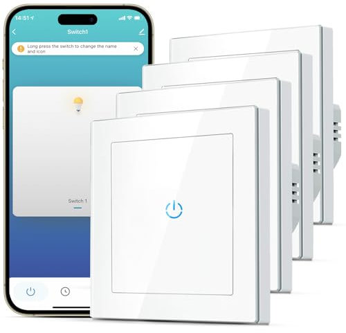 SMARTERCURRY Smart WLAN Lichtschalter 1 Fach 1 Weg Weiß 4 Stücke Neutralleiter Erforderlich,Touchscreen aus gehärtetem Glas, Timing-Funktion, Kompatibel mit Alexa/Google