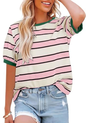 Dokotoo Women's Clothing Summer Tops for Women Striped Color Block Short Sleeve Shirts Crewneck Trendy Casual Daily Loose Cozy Fashion T-Shirts Ladies Tee Blouses Beach Vacation Outfits Pink Medium