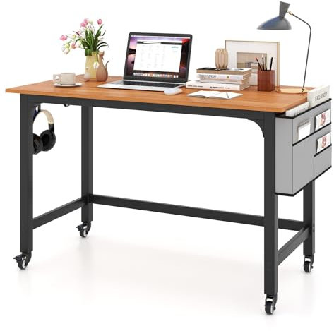 COSTWAY Schreibtisch mit Rollen, Computertisch mit Abnehmbarer Stofftasche und Kopfhörerhaken, Arbeitstisch mit 4 Rädern, Bürotisch rollbar, PC-Tisch, 120 x 60 x 75 cm, Natur