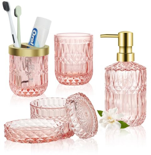 Set di accessori da bagno, 5 pezzi, set di decorazioni da bagno in vetro, include dispenser di sapone, portasapone, portaspazzolino, bicchiere e barattolo, regalo vintage (rosa)