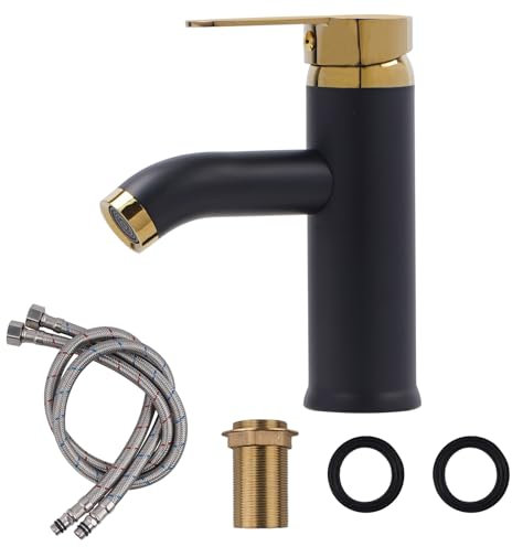 FALSKT Grifo Cocina Acero Inoxidable 304, Grifo Baño con Manguera, Grif de Baño Lavabo Núcleo de Válvula de Cerámica, Mezclador Monomando Lavabo para WC de Visitas (Oro Negro)