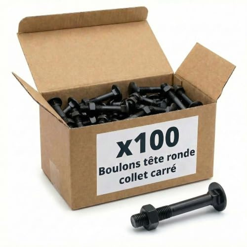 100 Boulons tête ronde collet carré DIN603/555 acier zingués Noir - diamètre 8 mm - Longueur 70 mm mm