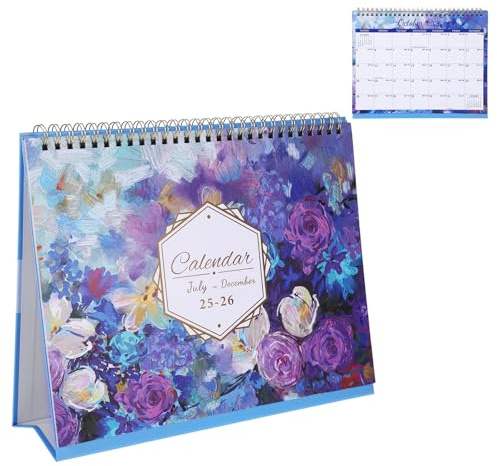 Dreamy Flower Desk Calendar 2025-2026 Calendar 2025 UK with Pretty Cover Foldable Desk Planner Table Calender 2026 with List Thick Paper Academic Year Standing Flip Calender 25x21, Purple Flowers