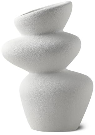 PEUZ Vaso in ceramica a torre di pietra, scultorea in ceramica con struttura in pietra ruvida, per fiori secchi, erba di pampa, fiori freschi o come oggetto decorativo, fatto a mano, bianco opaco, ca
