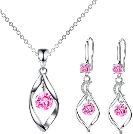 APMGONT Silver Jewellery Sets for Women, Women Crystal Teardrop Necklaces and Earrings Sets, Crystal Women's Jewellery Sets with Zirconia Hook Dangle Earrings Gift for Birthday Christmas (Pink C)