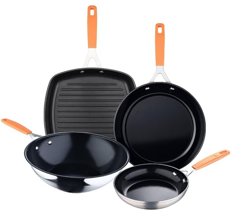 San Ignacio Juego de 2 Sartenes Ø16Ø28cm + Asador cuadrado 28x28cm + Wok Ø28cm en aluminio forjado para inducción COMPACT