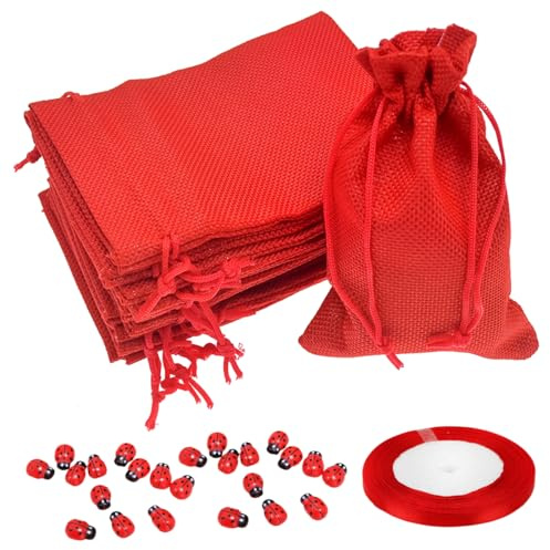 YIPFEN 24 piezas bolsas de yute reutilizables, bolsa con cordón, bolsa de joyería, bolsitas de tela pequeñas, saquitos de tela, decoración con corona de laurel metálica y mariquitas (rojo)