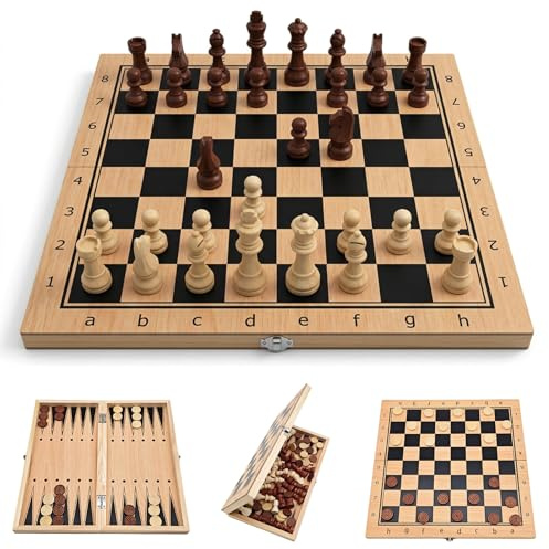 3 in 1 Chess Set, 12 Foldable Chess, Portable Wooden Travel Folding Backgammon Set & Checkers Kit for Adults