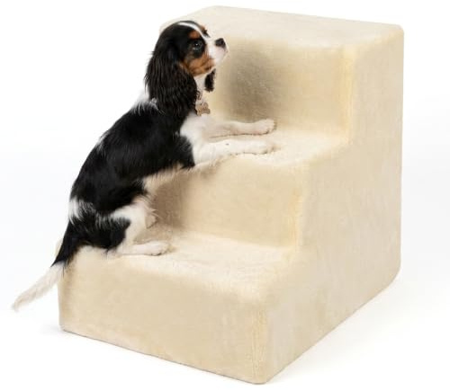 Relaxdays hundtrappa, 3 trappsteg, HxBxD: 36,5 x 35 x 45 cm, 50 kg, beige | avtagbart tygöverdrag, hundramp för säng och soffa