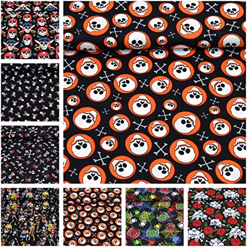 MAGAM-Stoffe Jack Baumwollstoff Popeline Halloween Piraten Skulls Meterware 50cm (10. Totenköpfe Orange)