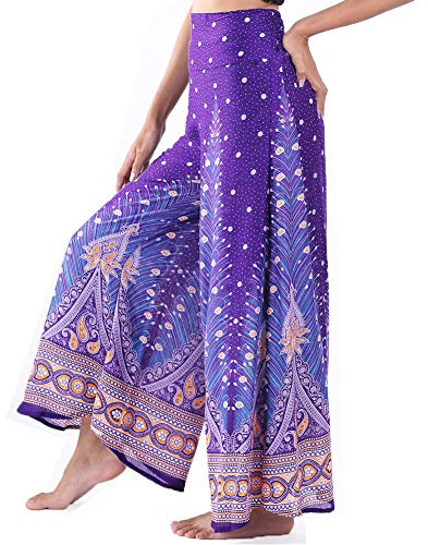 Lofbaz Mujer Pierna Ancha Palazzo Pantalones Yoga Hippie Harén fluir Pantalones - Peacock 1 Morado y Oro - M