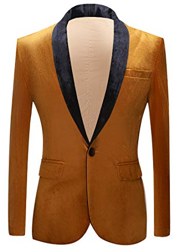 PYJTRL Mens Fashion Velvet Suit Jacket Slim Fit Blazers (Gold, 48)