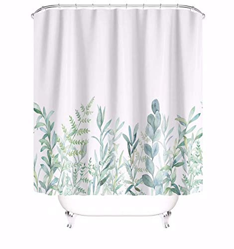 M&W DAS DESIGN Duschvorhang grüne Blätter Blumen Pflanzen Badezimmer Textil Vorhang mit Antischimmel Effekt waschbar Shower Curtain badewanne inkl. 12 C-Ringe mit Gewicht unten 240x200cm(BxH)