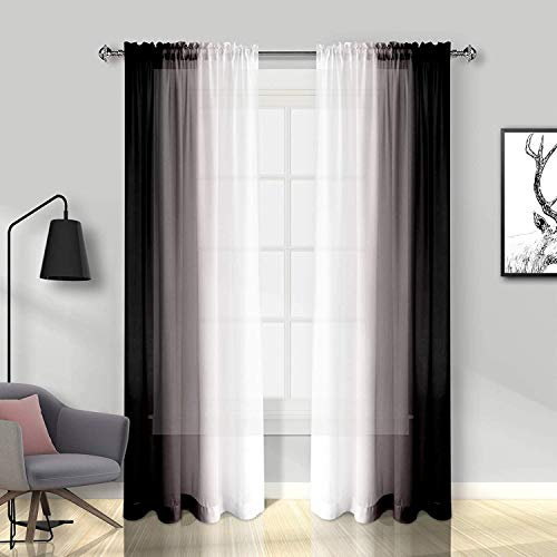 Melodieux Black Ombre Sheer Curtains - Gradient Rod Pocket Voiles, Semi Transparent, Soft and Silky Curtains for Livingroom, Patio Door, Window (56x81 inch, 2 Panels)