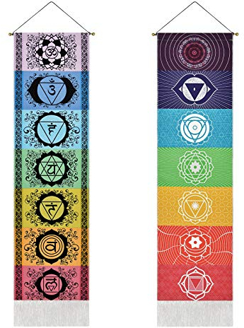 Yugarlibi 2er Set Chakra Wandbehang, Meditation Yoga Trippy Wandteppich mit Quaste, Mandala Tapisserie Wall Hangings für Schlafzimmer Wohnzimmer, Schwarz und Weiß Chakra 130x32.5cm