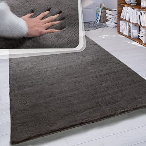 Paco Home Hochflor Teppich Wohnzimmer Schlafzimmer Shaggy Modern Flauschiger Fellteppich Weich Fell Imitat Kunstfell Einfarbig, Grösse:200 cm Quadrat, Farbe:Dunkelgrau