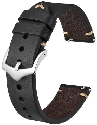 BISONSTRAP Men's Watch Straps, Hand-Stitched LeatherWatch Replacement Bands, Quick Release, 22mm, Black with Silver Buckle