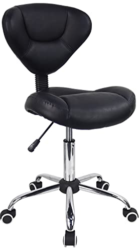WKWKER Ergonomischer Rollhocker Mit Dickem Kissen PU-Leder Höhenverstellbarer Drehhocker Für Die Arbeit SPA Salon Tattoo Mit Rücken (Schwarz)