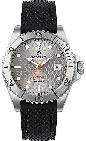BODERRY Reloj de buceo automático para hombre, movimiento japonés, caja de titanio, cristal de zafiro, resistente al agua hasta 100 m, Swiss Super-LumiNova, corona de rosca, gris, japonés