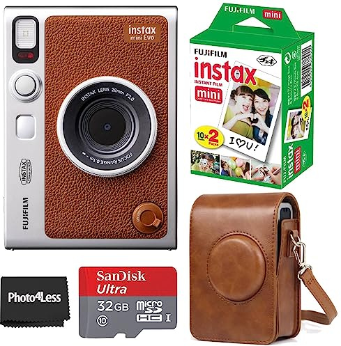 Fujifilm Instax Mini EVO Hybrid Brown Instant Camera | Instax Mini Twin Pack Instant Film | 32GB microSD Card with Adapter | Brown Camera Case