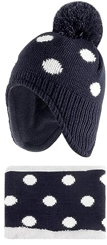 LACOFIA Cappello e Sciarpa Invernale per Bambina Berretto a Maglia con Copriorecchie Neonata Cappellino e Scaldacollo Lavorato Bimba con Fodera in Pile Blu Marino 2-4 Anni L